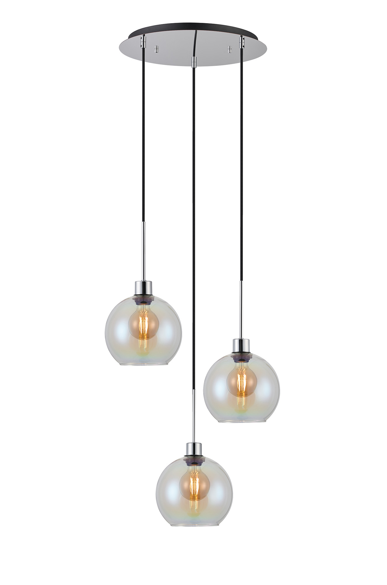 DK1273  Lori 40cm Round Pendant, 3 Light Adjustable E27, Polished Chrome/Iridescent Open Mouth Round Globe Shades